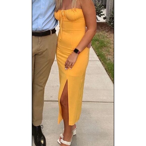 Gianni Bini Maya Ruched Tie Sweetheart Neck Midi Dress Size 2 Mustard Yellow - Picture 7 of 8